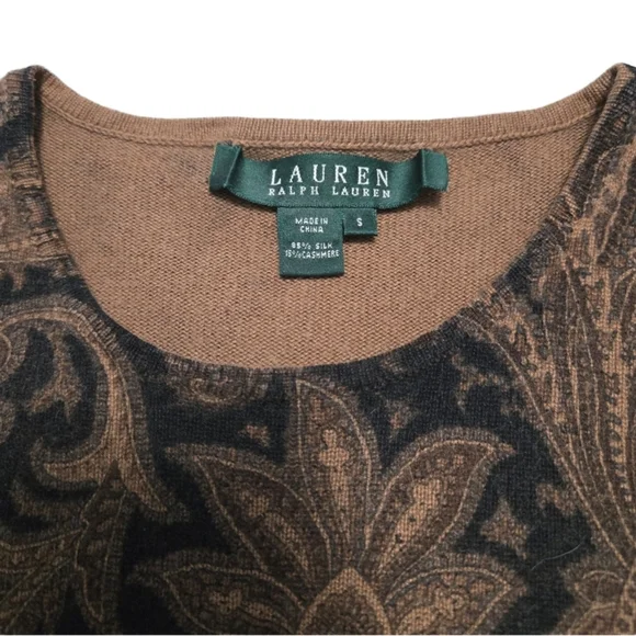 ✨2/$25 LRL Ralph Lauren~Brown Paisley~Lagenlook~Sweater Cashmere Silk~SM - Picture 2 of 8